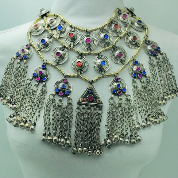 Handmade Jewelry Set, Vintage Choker Necklace With Long Bells and Dangle Earring - Picture 2 of 8